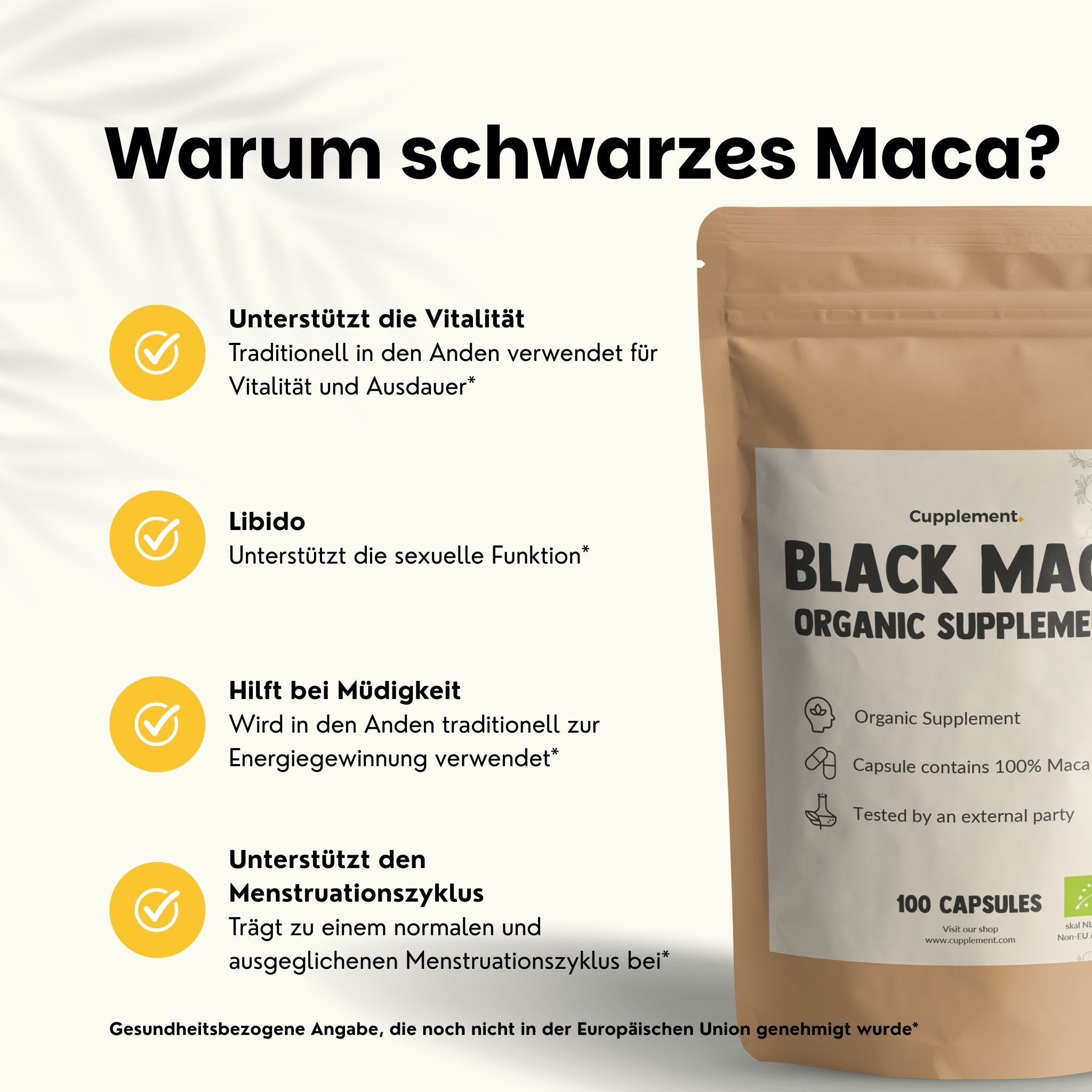 Produktbeutel mit Kapseln. Aufschrift: Black Maca Organic Supplements. 100 Kapseln. Zwei Kapseln daneben. Text auf gelbem Hintergrund.