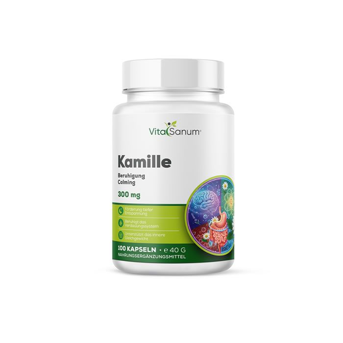 Weiße Flasche mit grünem Etikett. Aufschrift: Kamille, 300 mg, VitaSanum. Illustration von Gehirn und Organen.