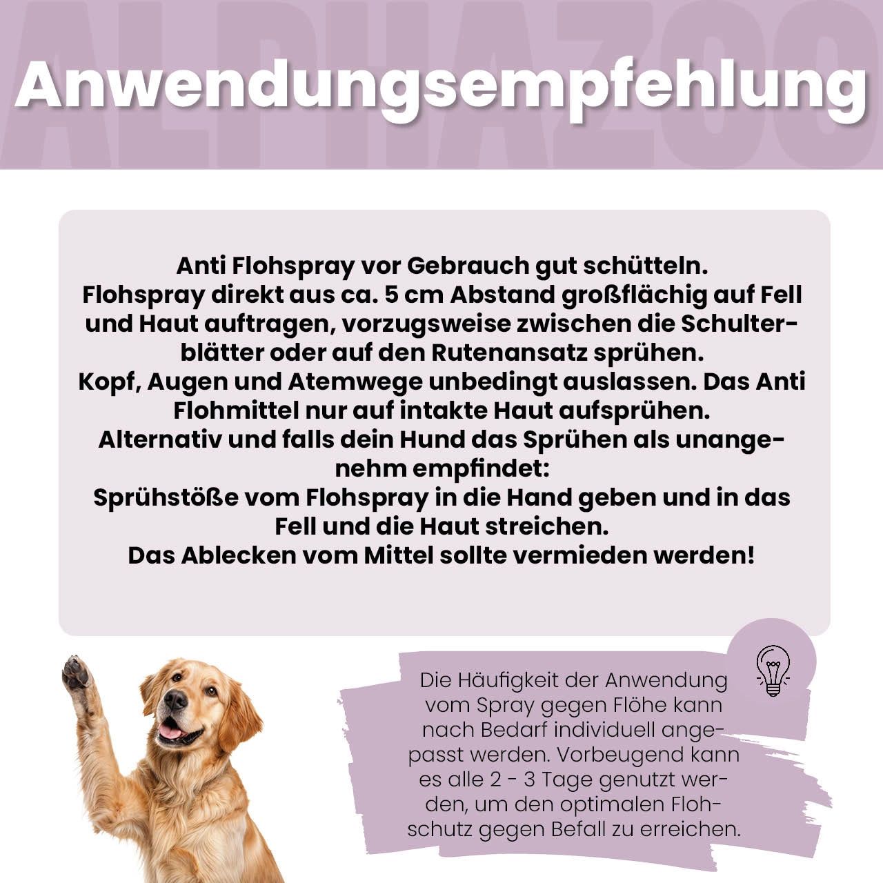 Anwendungsempfehlung. Text und Hund.