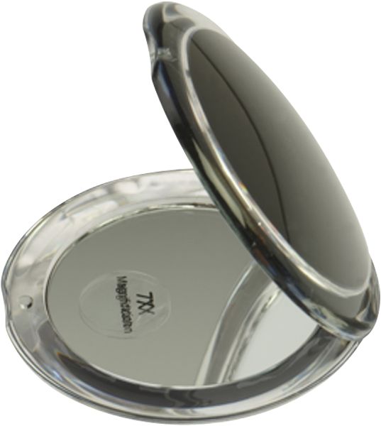 Runder Taschenspiegel, Acryl, 7-fach Vergrößerung. Geöffnet, Spiegel zeigt 7x Vergrößerung. Schwarze Rückseite.