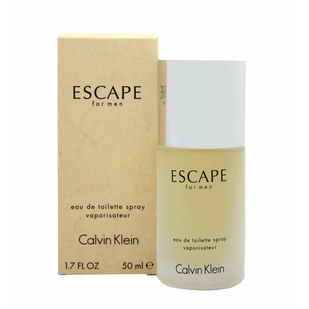 Eau de Toilette-Spray mit Karton. Aufschrift: ESCAPE for men, Calvin Klein. Flakon mit weißem Deckel.