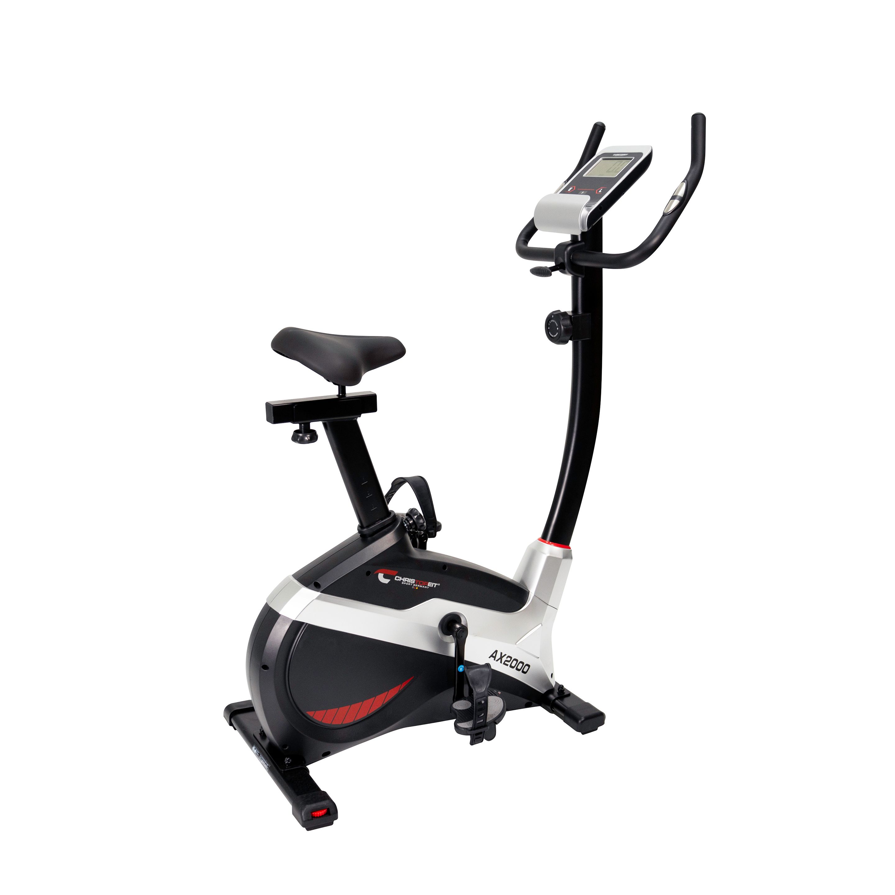 Heimtrainer AX 2000. Schwarz-weißes Design. Lenker, Sattel, Pedale. Digitalanzeige. CHRISTOPEIT SPORT Logo. AX 2000 Schriftzug.