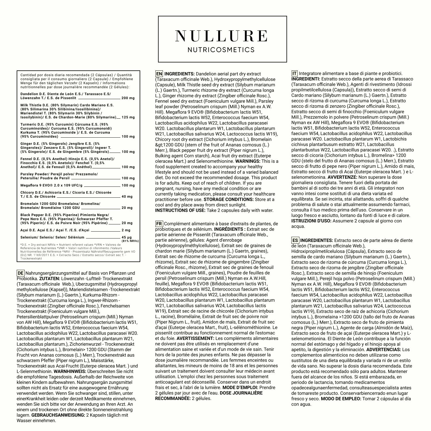 Textseite mit Inhaltsstoffen und Anwendungshinweisen. Text: Zutaten, Dosierung, Warnhinweise. Mehrere Sprachen.