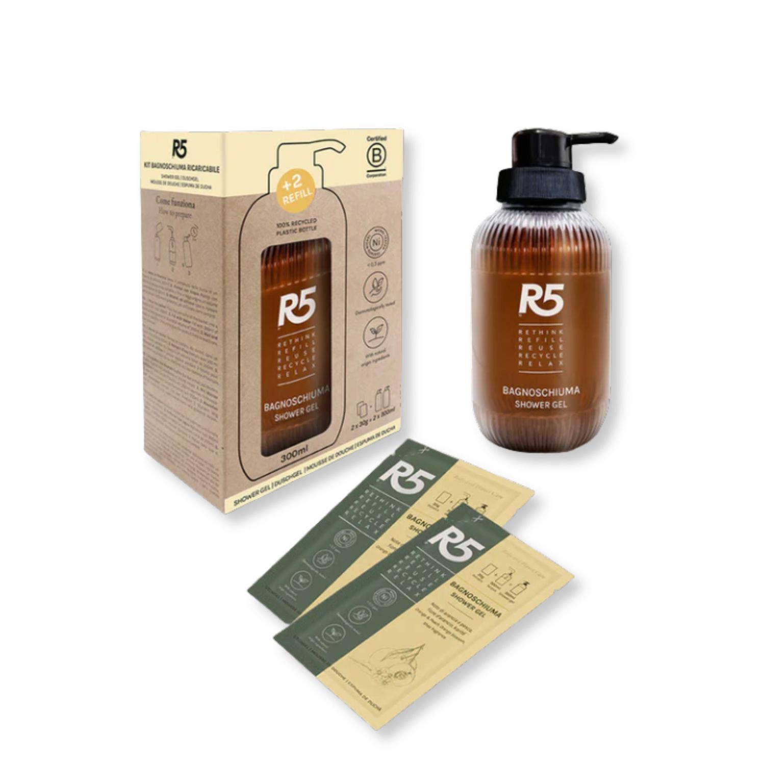 Bagnoschiuma-Set mit Flasche, Nachfüllpackungen und Karton. Flasche mit Pumpe. Karton mit Produktabbildung und Text. B Corp-Zertifizierung.