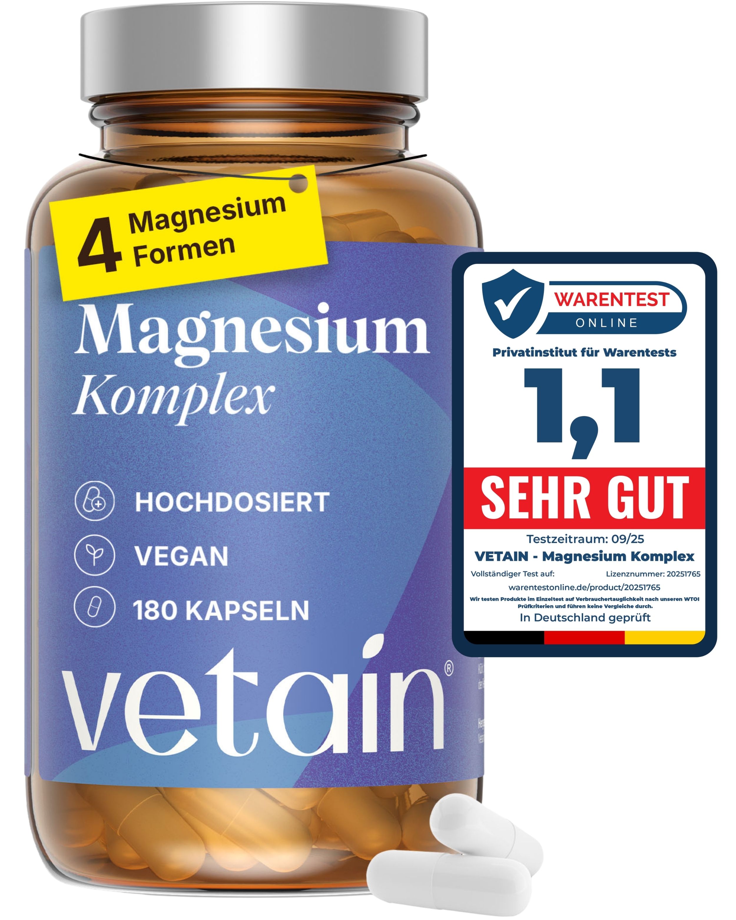 Braune Dose mit 180 Kapseln, "Magnesium Komplex Hochdosiert Vegan". Siegel: "Sehr Gut".