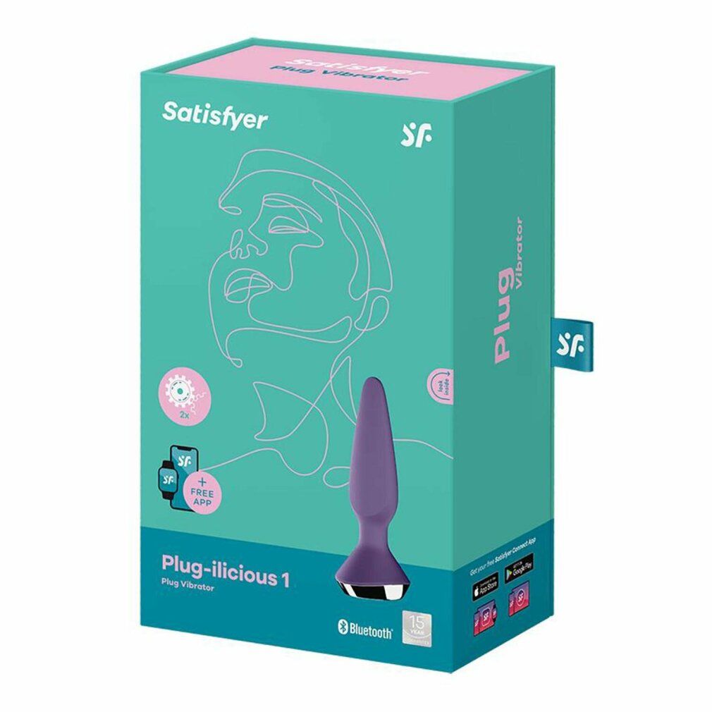 Verpackung mit Produktabbildung. Lila Analplug mit App-Steuerung. Marke: Satisfyer. Text: Plug-ilicious 1, Plug Vibrator.