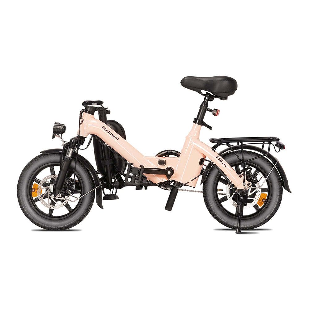 Faltbares E-Bike, rosa, mit schwarzen Reifen und Sattel. Gepäckträger hinten. Aufschrift T16 Pro.