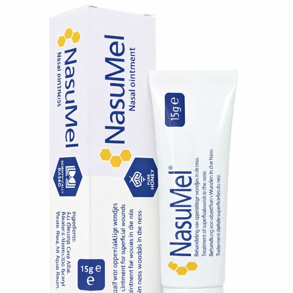 NasuMel Nasensalbe, 15g Tube und Verpackung. Text: Nasal ointment. Honig-Logo. Inhaltsstoffe.
