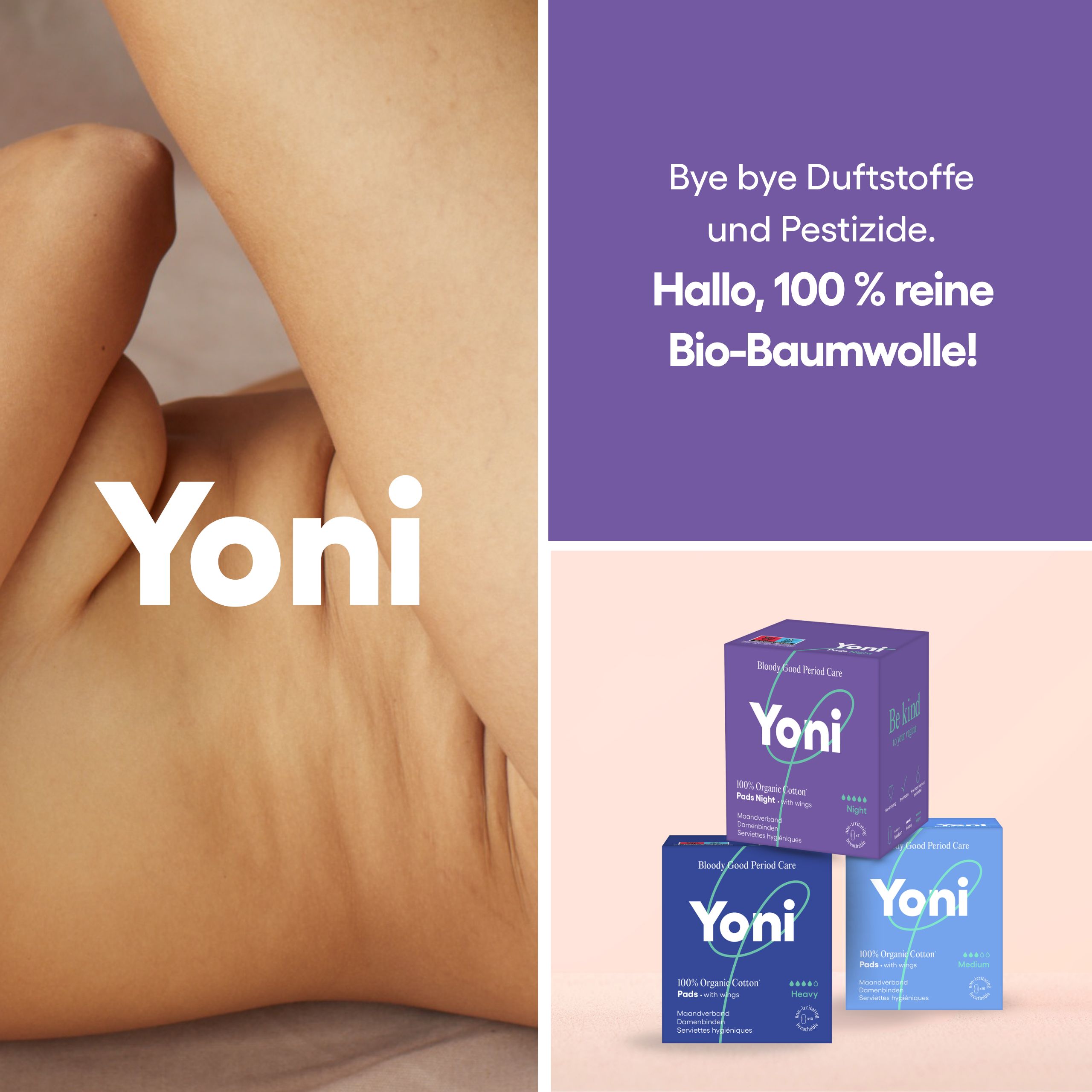Yoni Damenbinden Nacht mit Flügeln, 100% Bio-Baumwolle, in der Hand gehalten.
