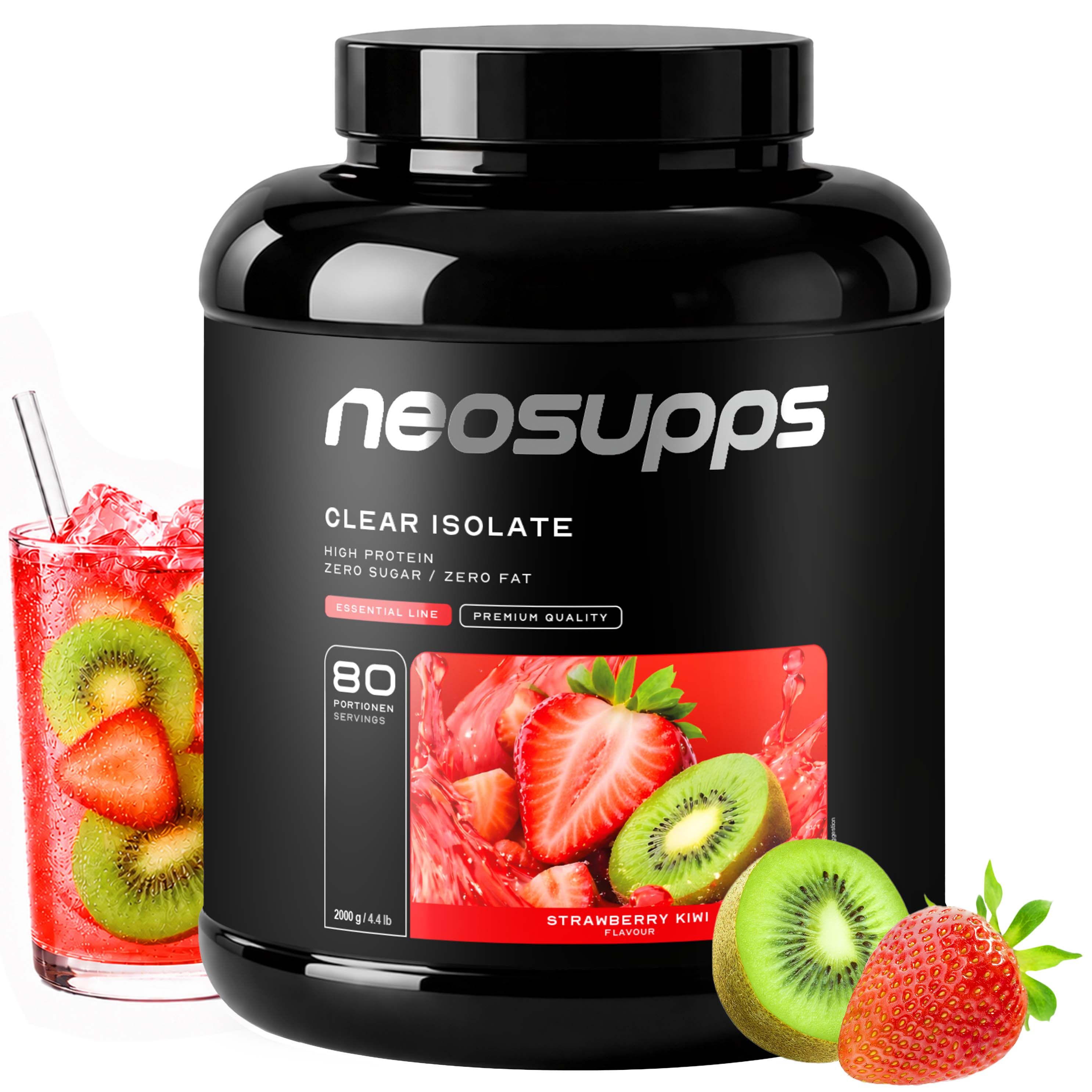Schwarzer Behälter mit Neosupps Clear Isolate Protein Pulver, Erdbeer-Kiwi-Geschmack. Daneben ein Glas mit Erdbeer-Kiwi-Getränk.