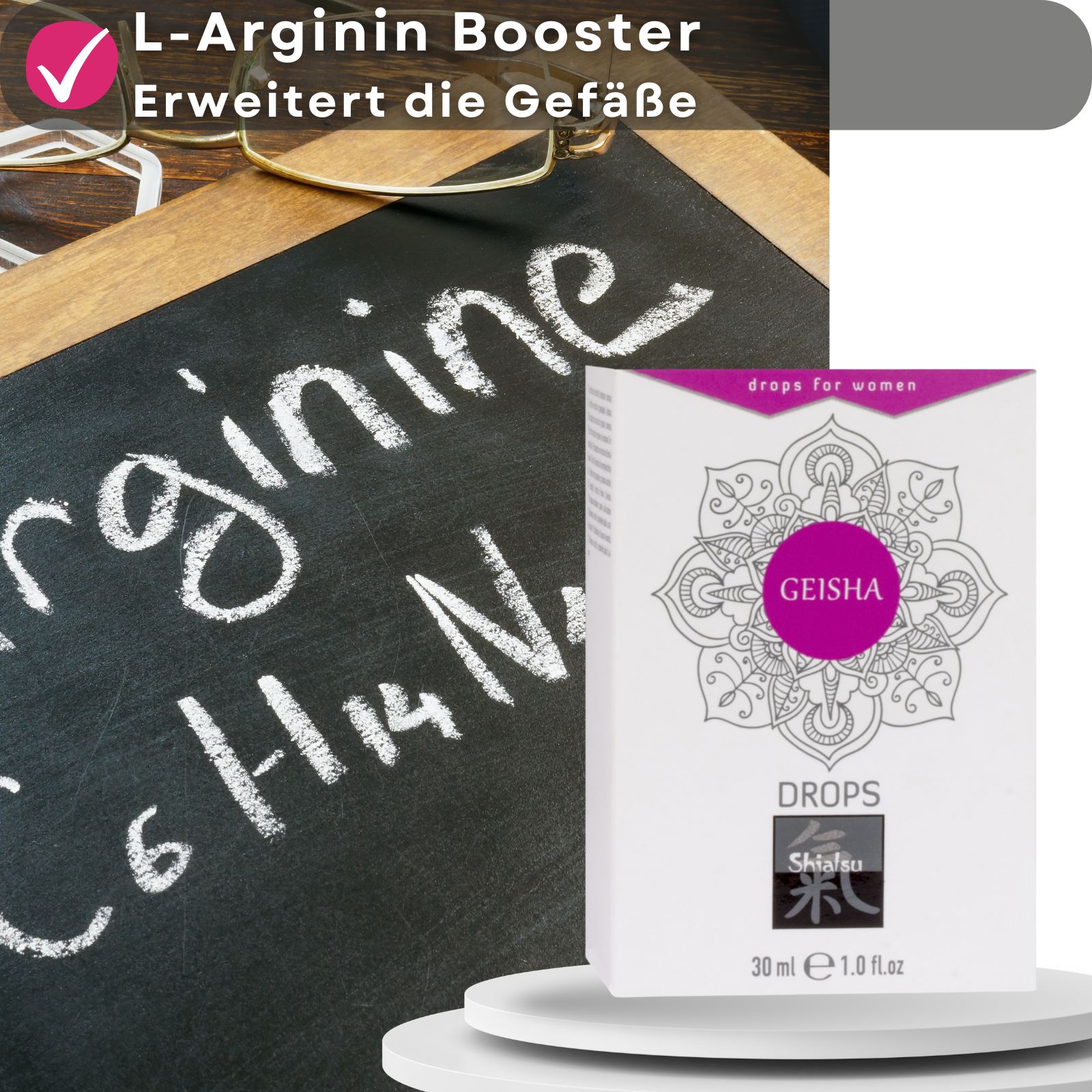 Schwarze Tafel mit Text. Geisha Drops Schachtel. Text: L-Arginin Booster, Erweitert die Gefäße. 30 ml, 1.0 fl oz.