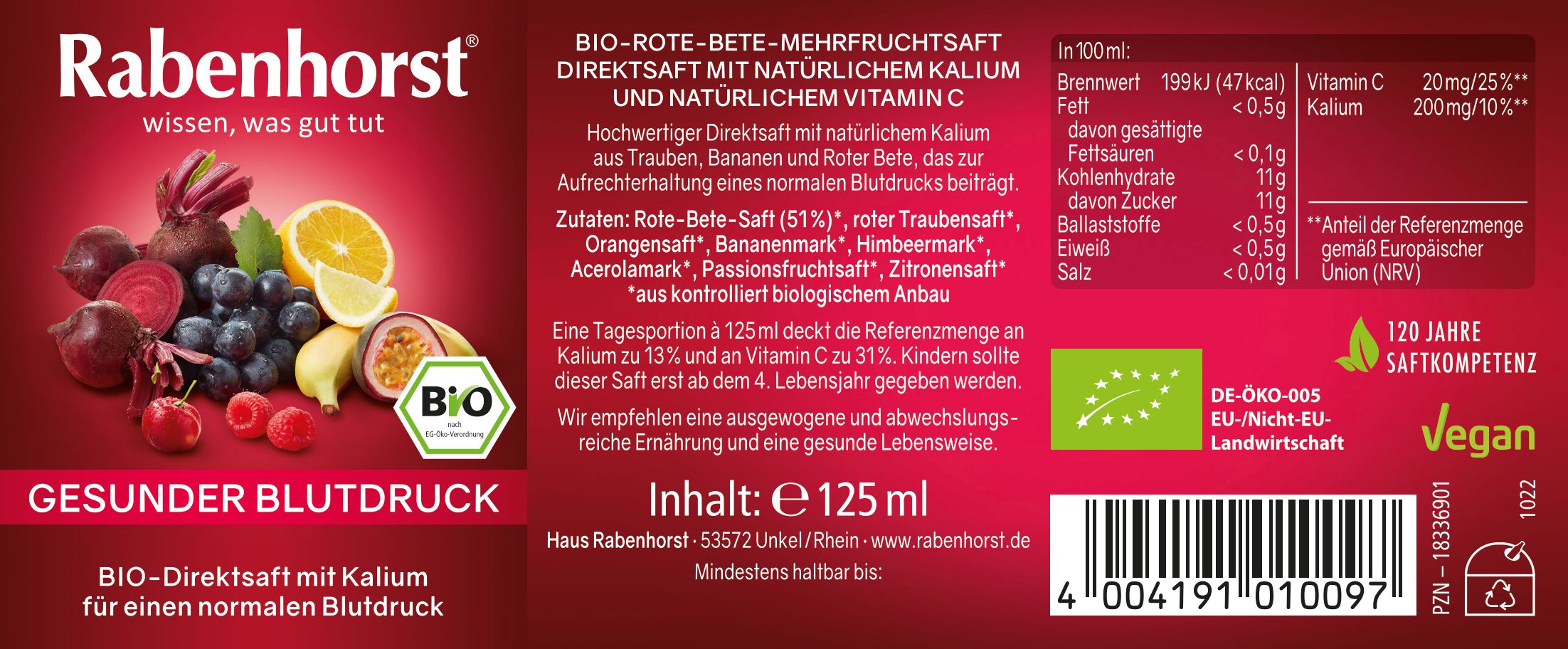 Rabenhorst Gesunder Blutdruck BIO Mini 24x125 ml Saft