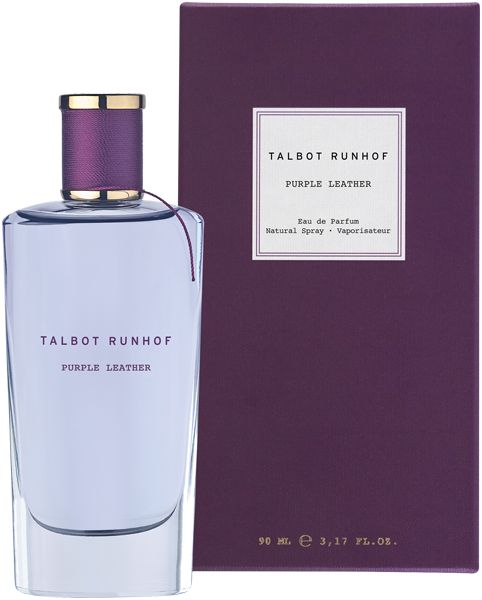 Flasche und Schachtel. Flasche: TALBOT RUNHOF, PURPLE LEATHER. Schachtel: TALBOT RUNHOF, PURPLE LEATHER, Eau de Parfum, Natural Spray. 90 ml.