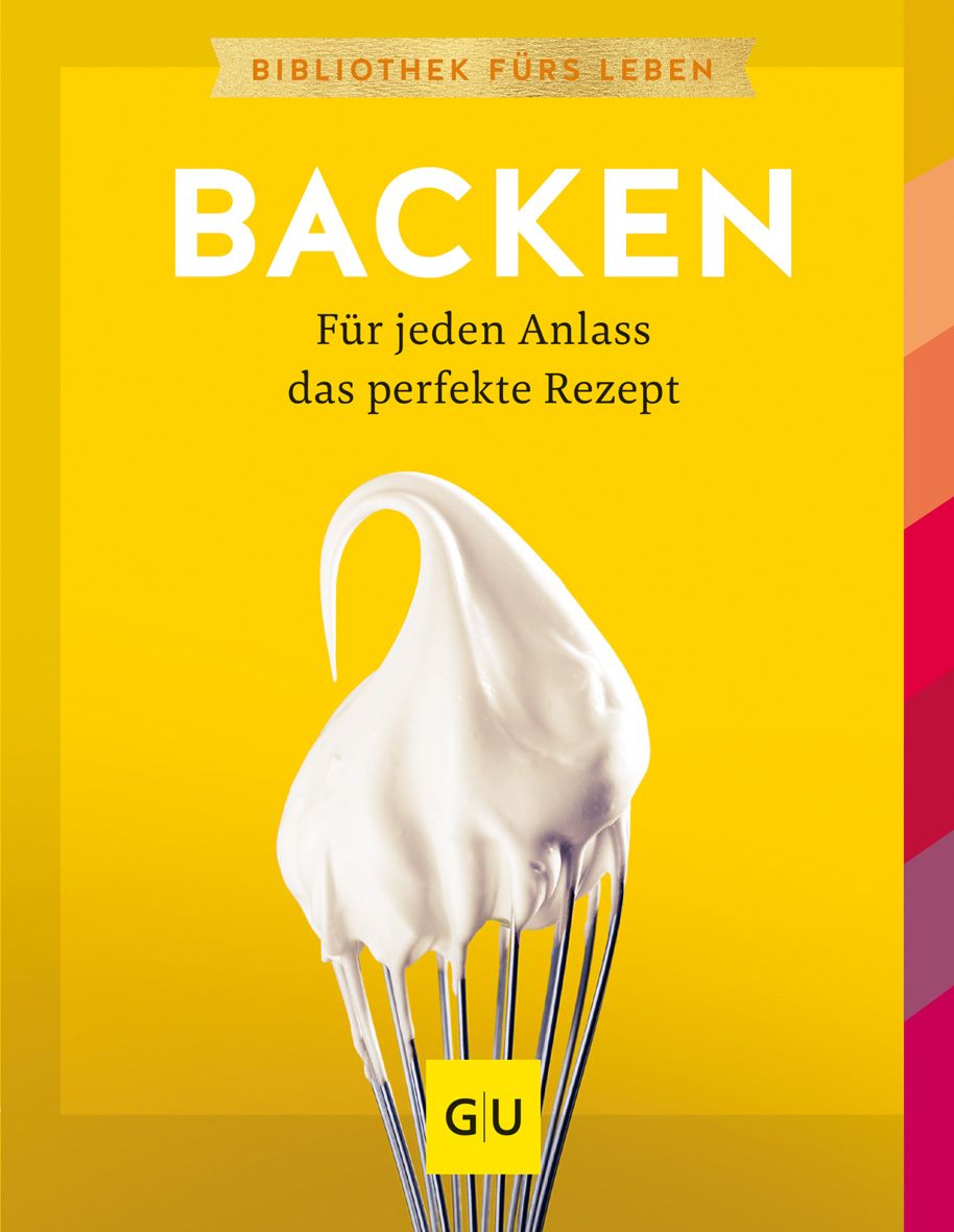Buchcover mit dem Titel "BACKEN". Gelber Hintergrund, Schneebesen mit Creme. GU-Logo.