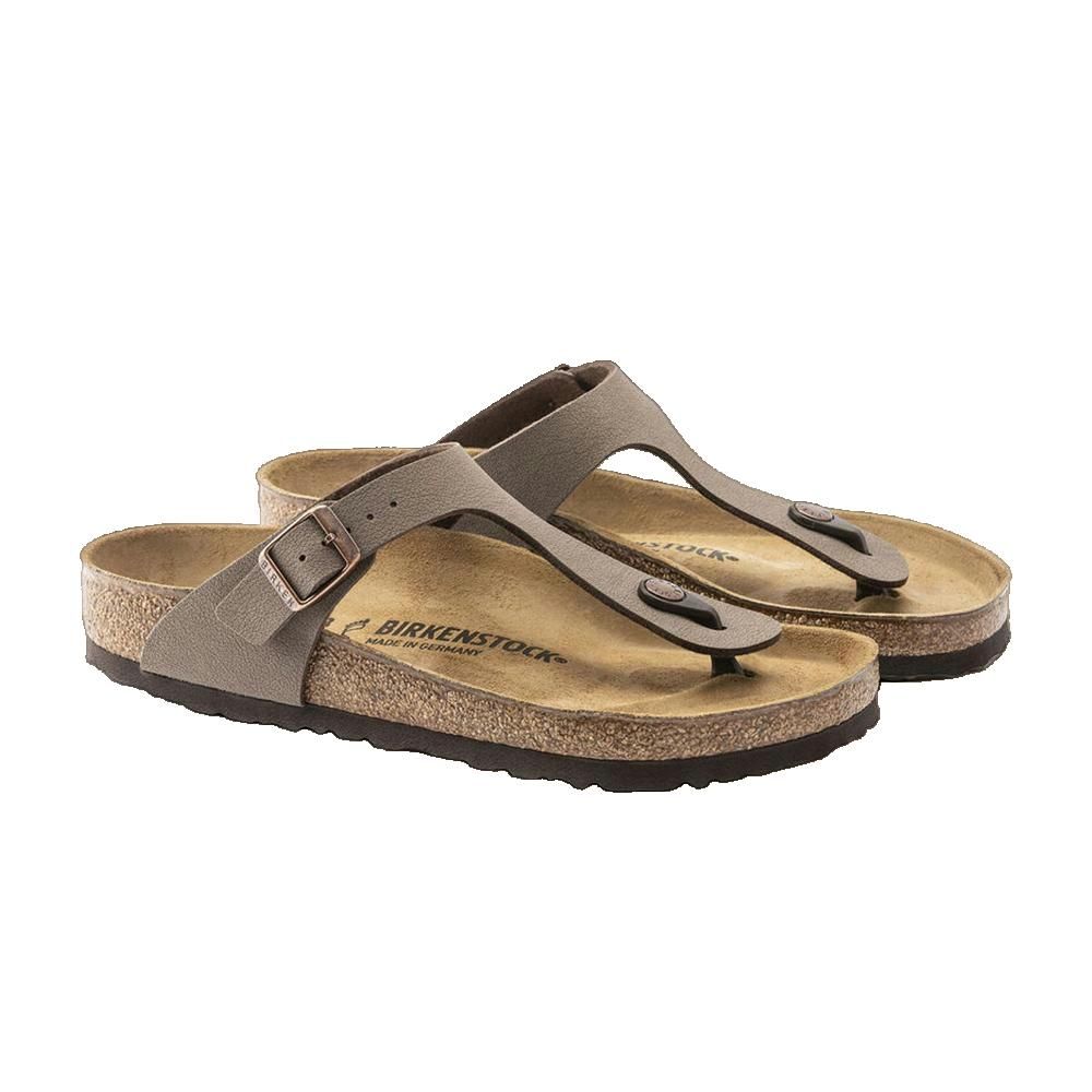 Paio di sandali Birkenstock Gizeh stretti. Marrone, sughero, fibbia. Marchio visibile.