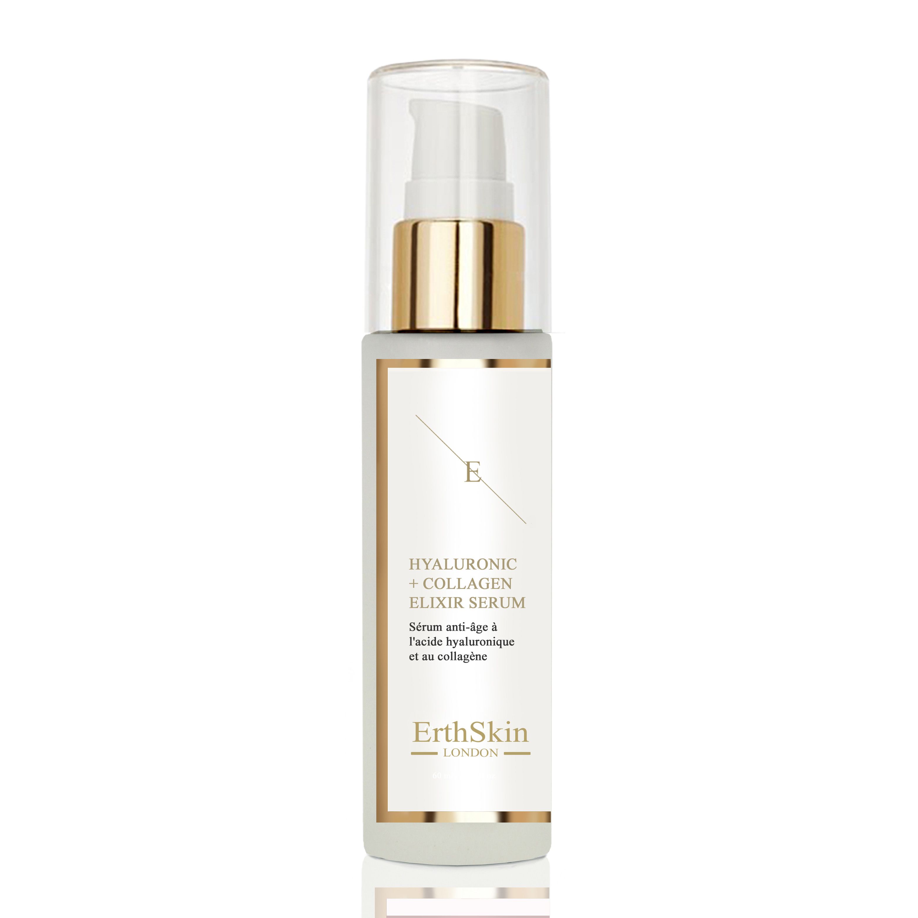 Weißes Serum mit goldfarbenem Deckel. Auf dem Serum steht: Hyaluronsäure + Kollagen Elixir Serum.