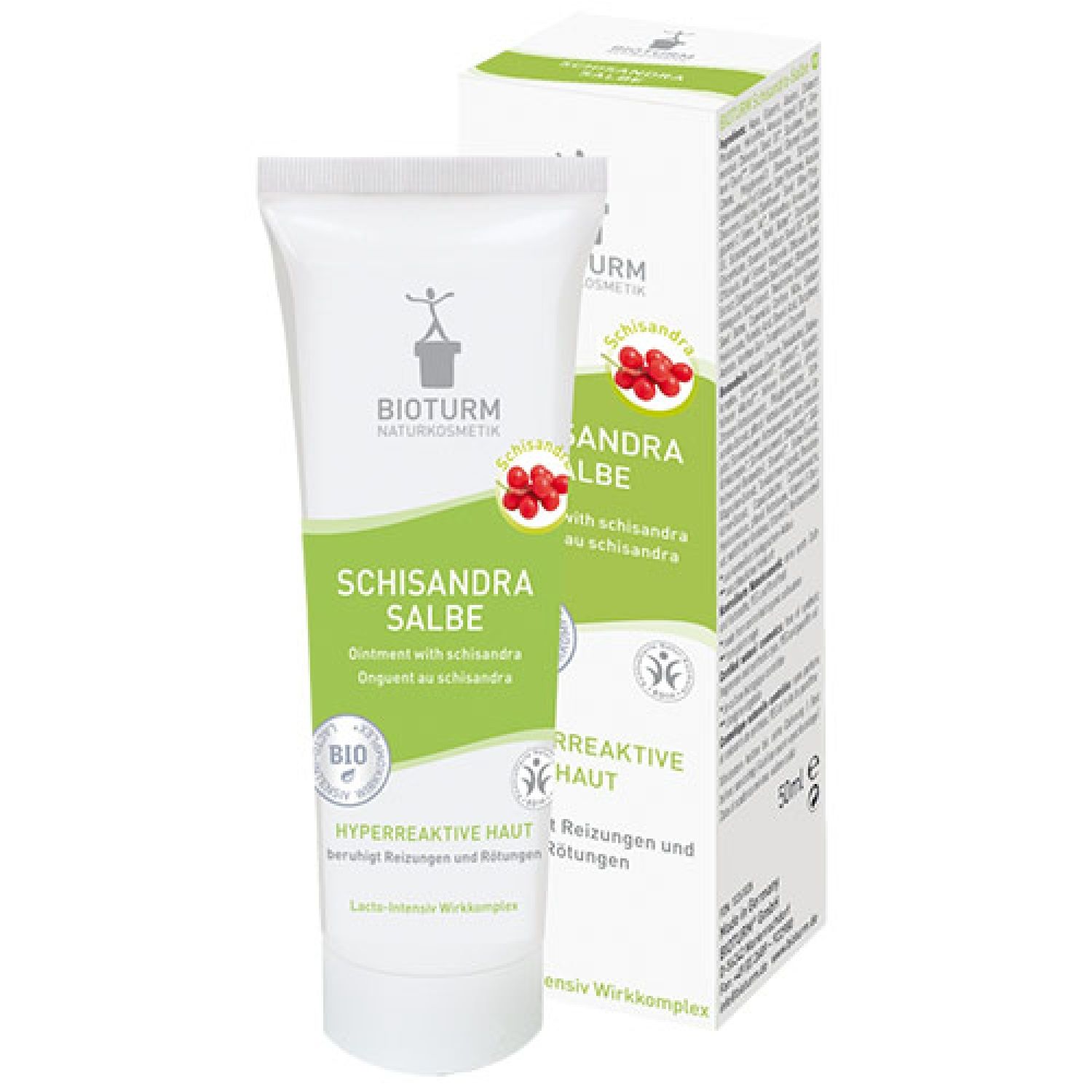 Creme-Tube und Schachtel. Aufschrift: Schisandra Salbe, Bioturm Naturkosmetik. Grün-weiße Verpackung. Bio-Siegel.