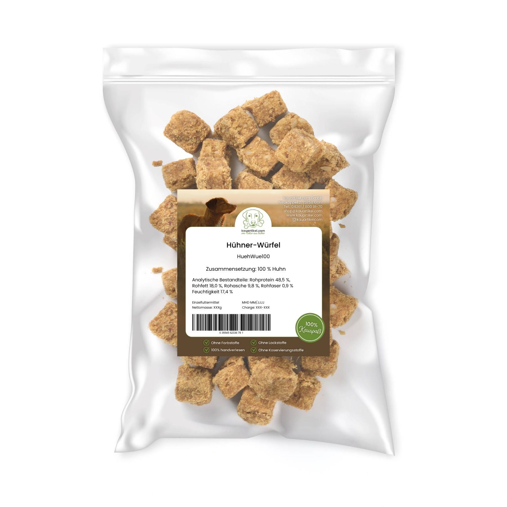 Ein Beutel mit Hühnerwürfeln, mit einem Etikett, das Produktinformationen und einen Hund zeigt.