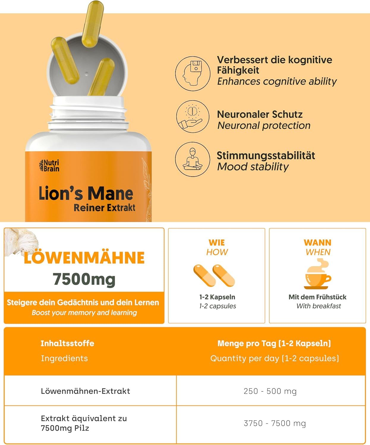 Nutri Brain Lion's Mane Flasche mit Kapseln. Verbessert kognitive Fähigkeit, neuronale Schutz, Stimmungsstabilität.