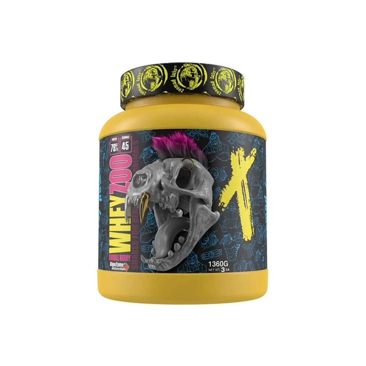 Gelbe Dose Whey Zoo, Totenkopf-Design, 1360g. Deckel mit Logo. Schwarzer Hintergrund.