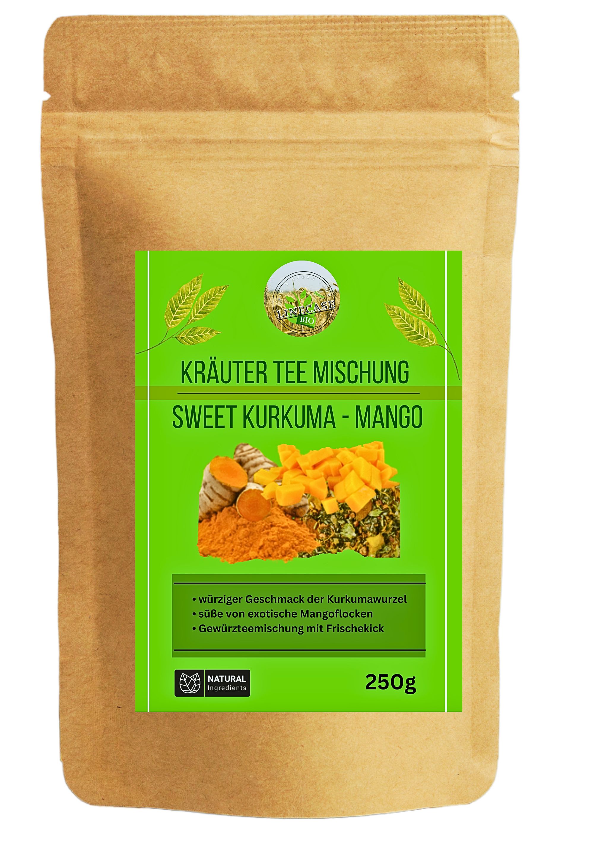 Verpackung Kräutertee Mischung Sweet Kurkuma Mango. Grün-gelbes Etikett mit Produktbildern und Text. 250g Packung.