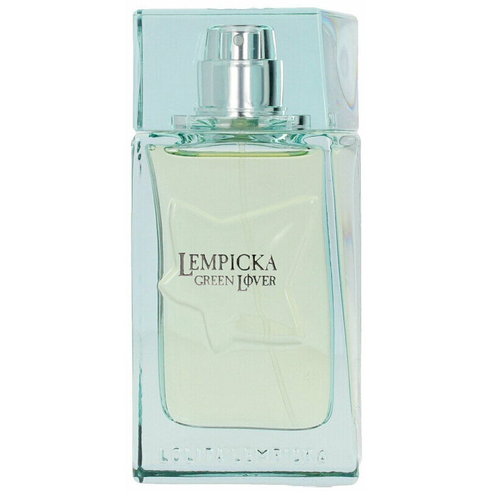 Grüner Flakon mit silbernem Zerstäuber. Aufschrift: Lempicka Green Lover. Rechteckige Form mit Stern-Design.