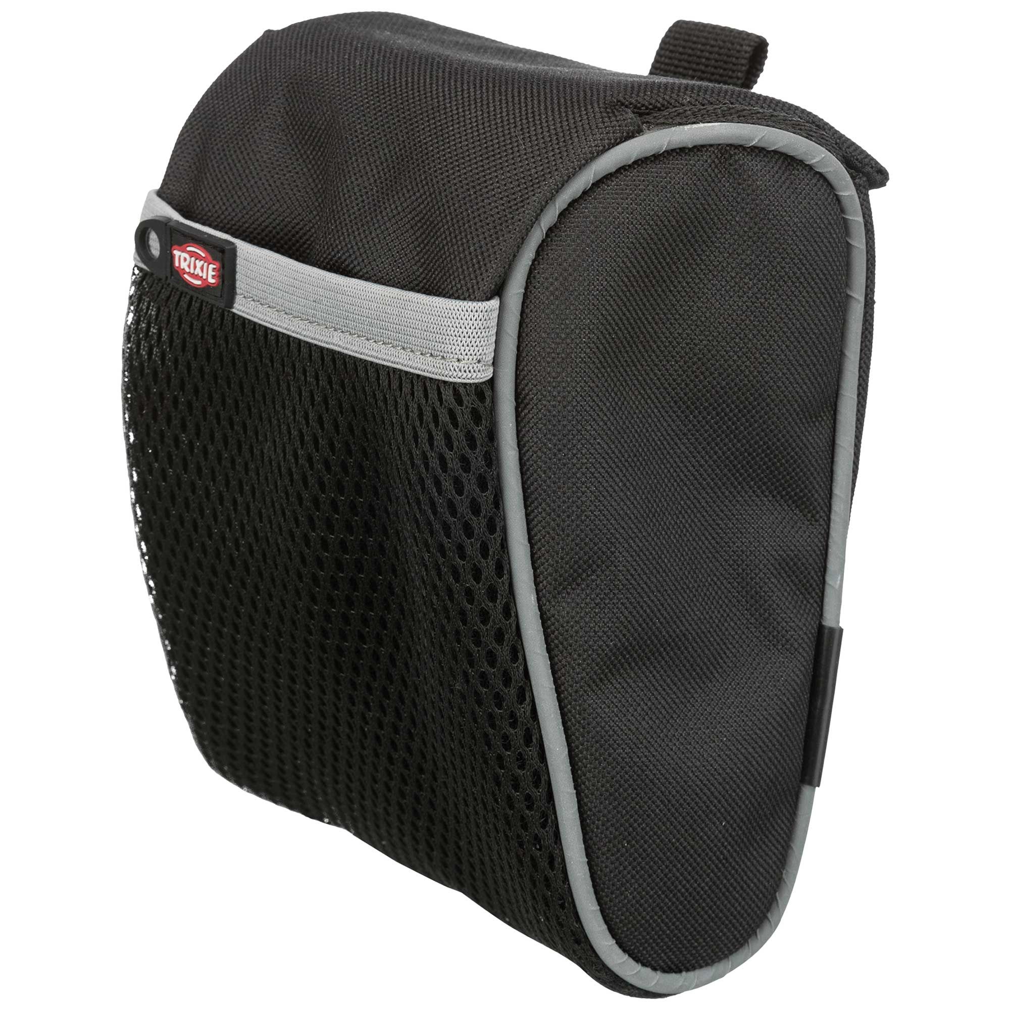 Schwarze Leckerli-Tasche mit grauem Rand und Netzfach. Marke TRIXIE. Mit Trageschlaufe und Magnetverschluss.