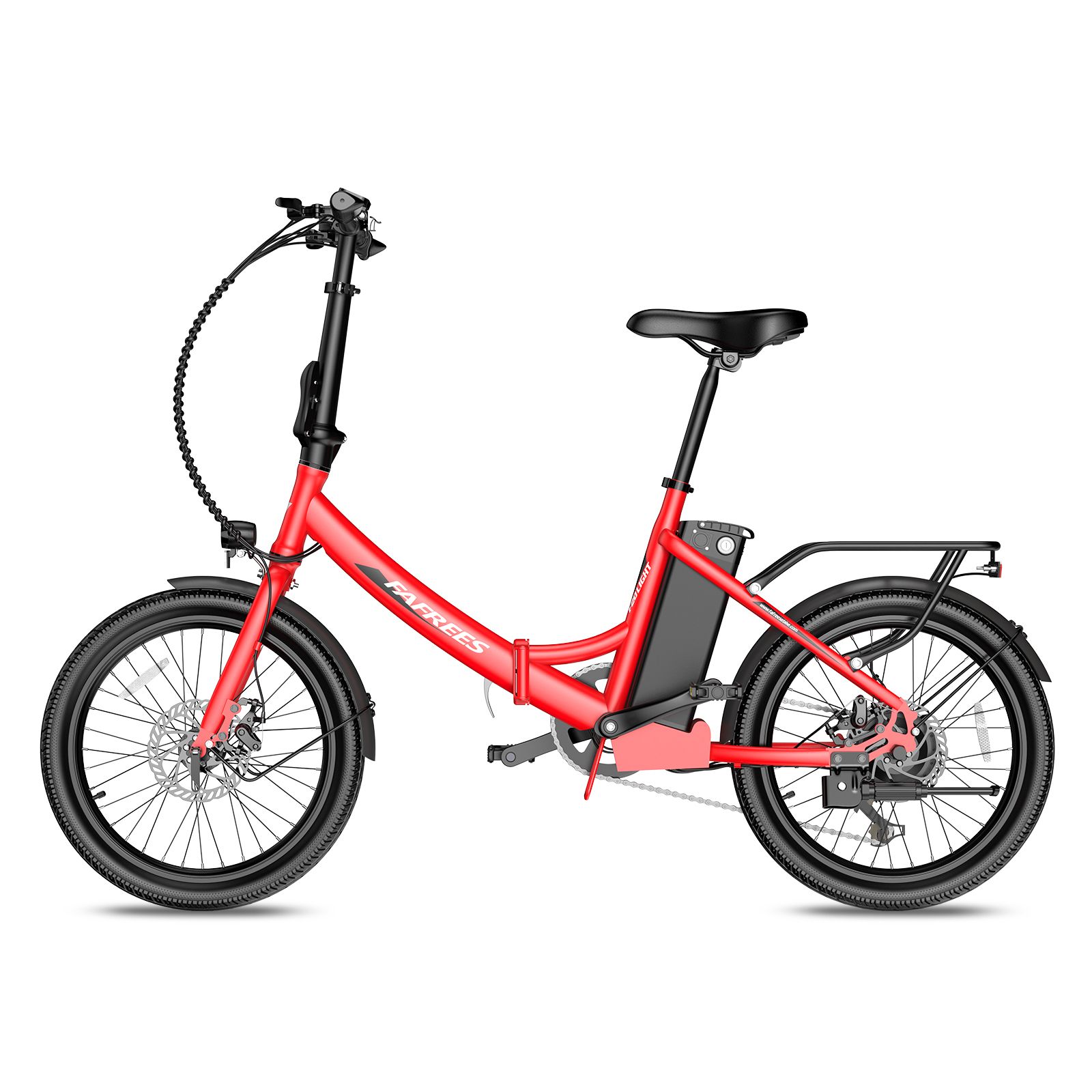 Rotes Fafrees F20Light E-Bike. Schwarze Komponenten, Gepäckträger, Kotflügel. Seitenansicht.
