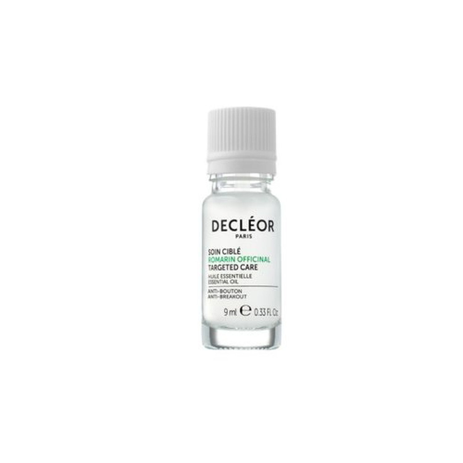 Kleine, transparente Flasche mit weißem Deckel. Beschriftung: Decleor Paris, Soin Cible, Rosmarin Officinal, Targeted Care, Huile Essentielle, 9 ml.