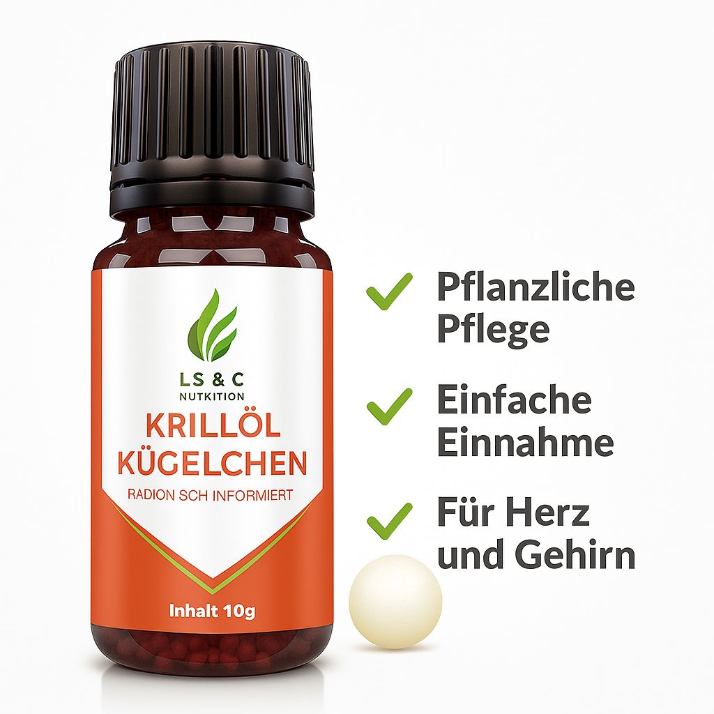 Braune Glasflasche mit schwarzem Deckel. Etikett mit Logo, Produktname und Vorteile. Eine Kugel daneben.