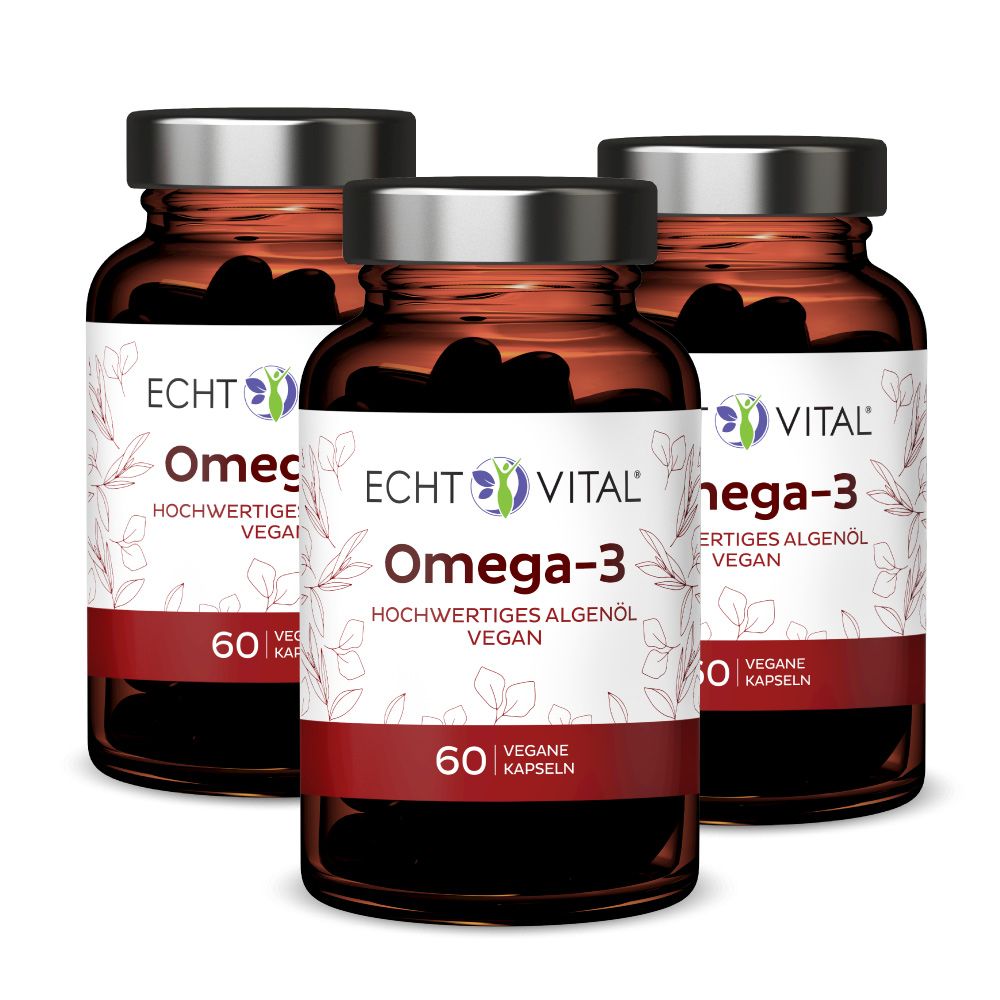 Drei Braunglasflaschen mit Kapseln. Etikett mit "Echt Vital Omega-3" und "60 Vegane Kapseln".