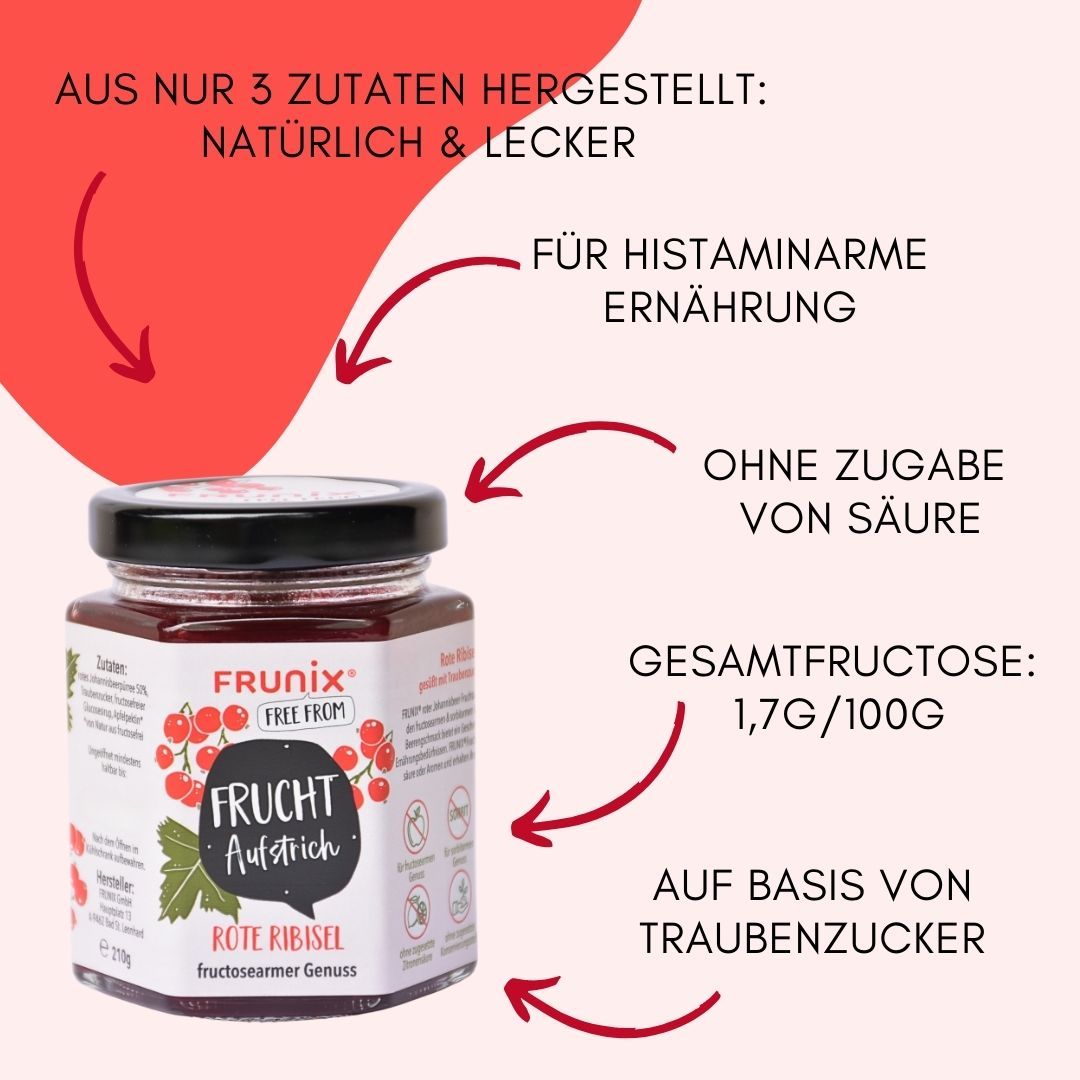 Glas mit rotem Fruchtaufstrich, schwarzem Deckel und Etikett. Pfeile zeigen auf Informationen: ohne Säure, 1,7g/100g Gesamtfructose.