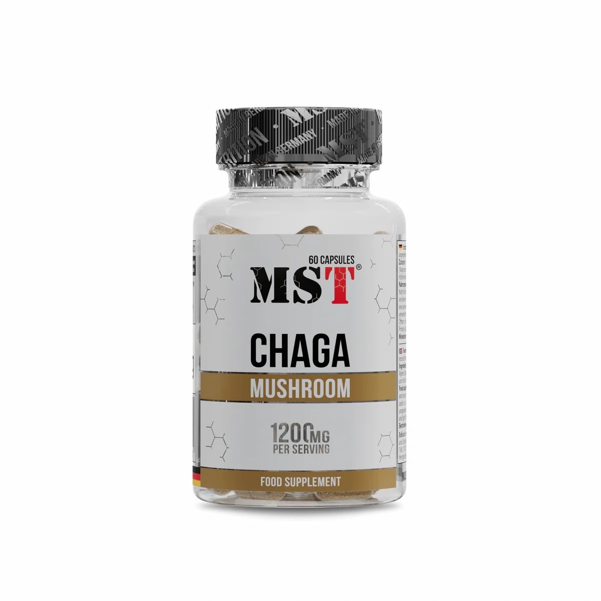 Klare Flasche mit MST Chaga Mushroom Kapseln. Aufschrift: 1200mg pro Portion. 60 Kapseln. Nahrungsergänzungsmittel.