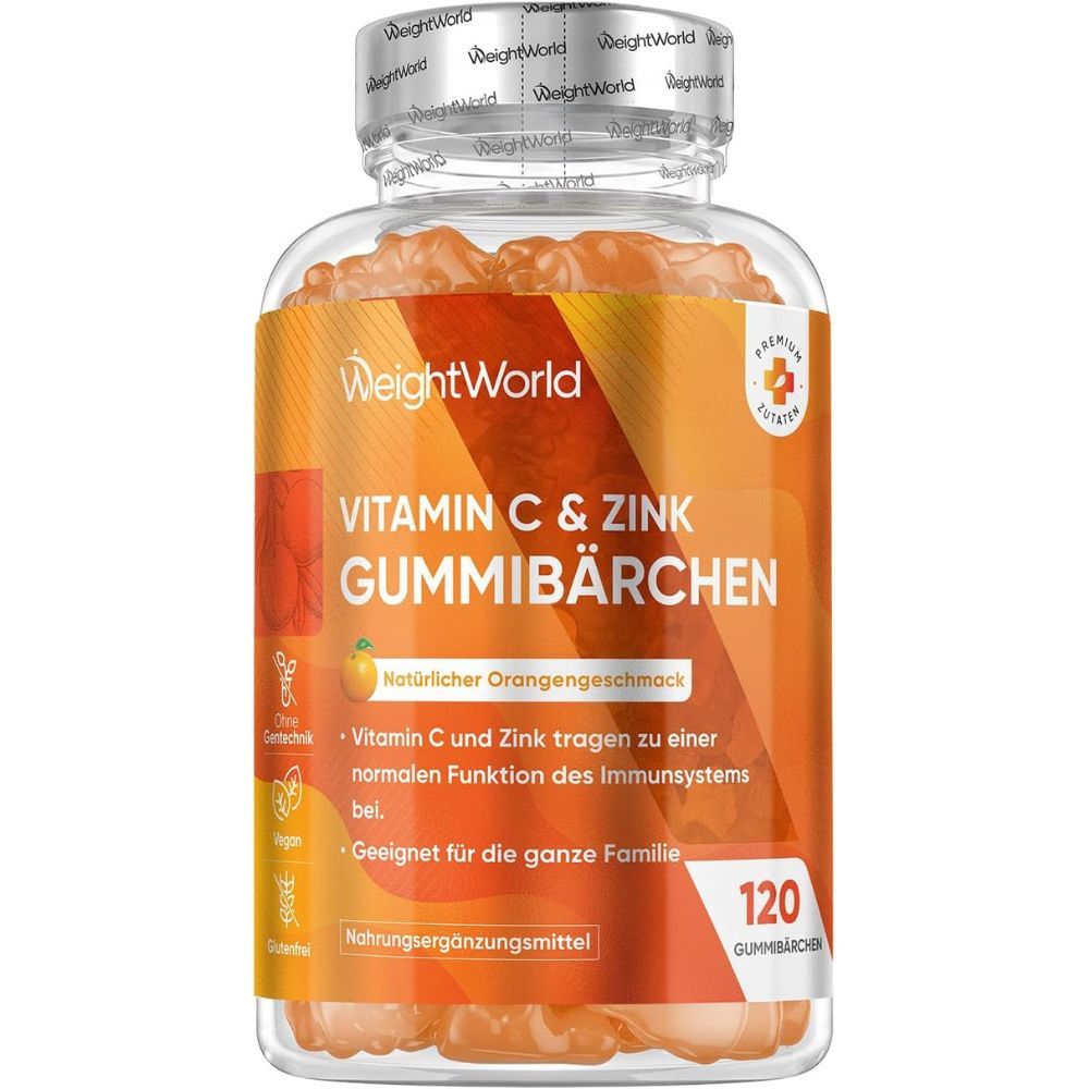 Weightworld Vitamin C & Zink Gummibärchen. Flasche, Text. 120 Gummibärchen. Natürlicher Orangengeschmack.