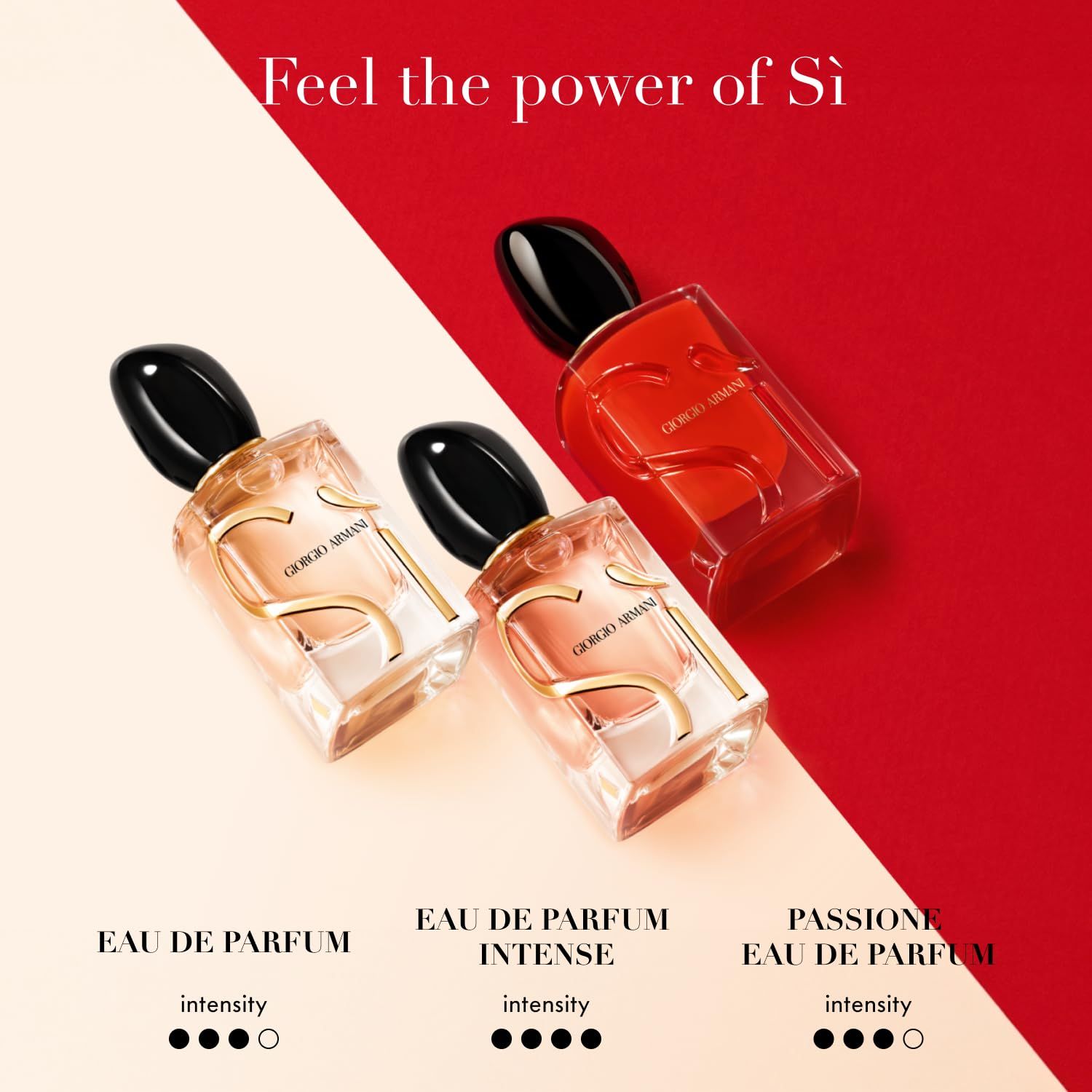 Giorgio Armani Si Eau de Parfum Intense Flakons. Verschiedene Düfte. Schwarze Deckel. Goldene Buchstaben.