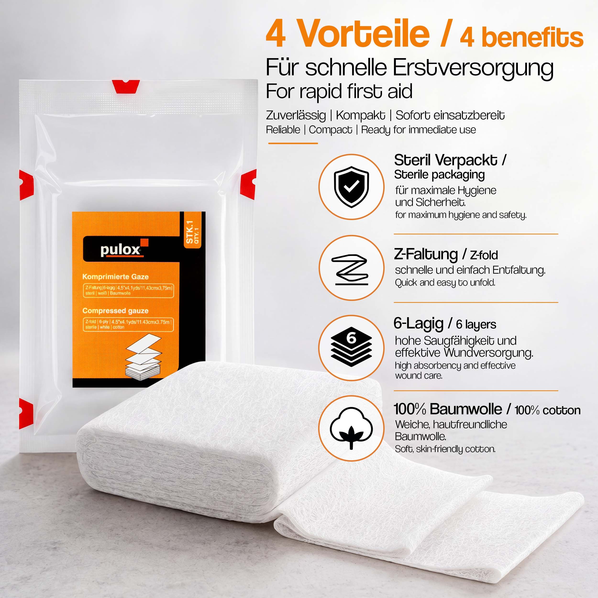Verpackte, komprimierte Gaze mit Aufdruck 'pulox'. Daneben liegen mehrere weiße Gaze-Pads.