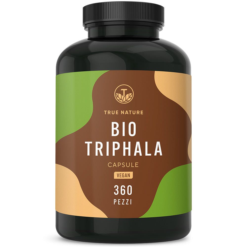 Flacone scuro con capsule. Scritta: BIO TRIPHALA, CAPSULE, VEGAN, 360 PEZZI.