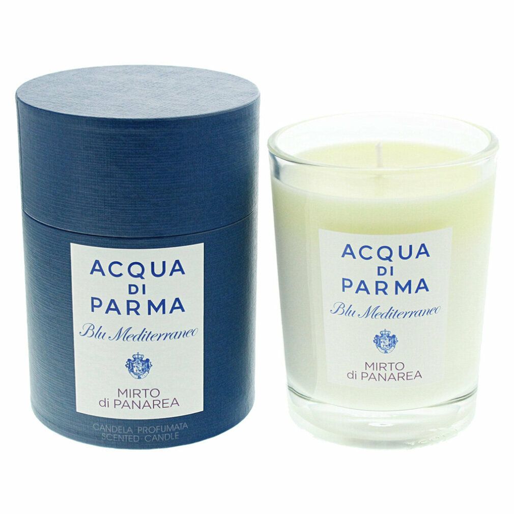 Kerze und Verpackung. Blaue zylindrische Verpackung und Kerze im Glas. Aufschrift: Acqua di Parma Blu Mediterraneo Mirto di Panarea.