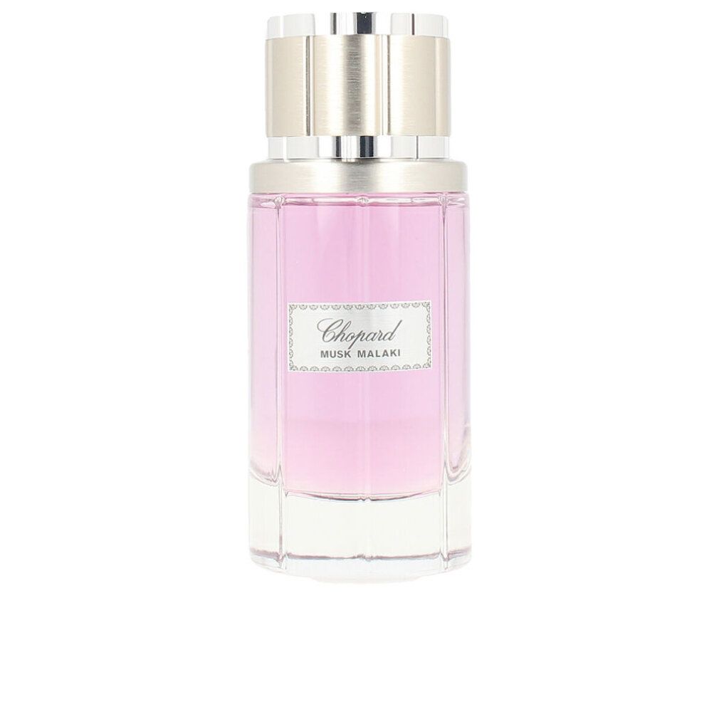 Flakon mit rosafarbener Flüssigkeit. Aufschrift: Chopard, Musk Malaki. Silberner Deckel.