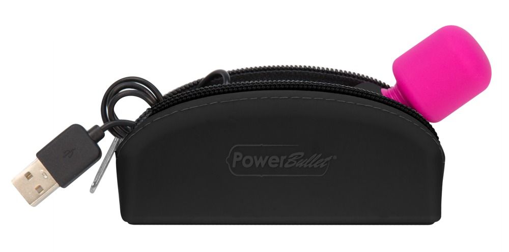 Schwarze Silikonhülle mit Reißverschluss, USB-Kabel und pinkfarbenem Produkt. Aufdruck: PowerBullet.