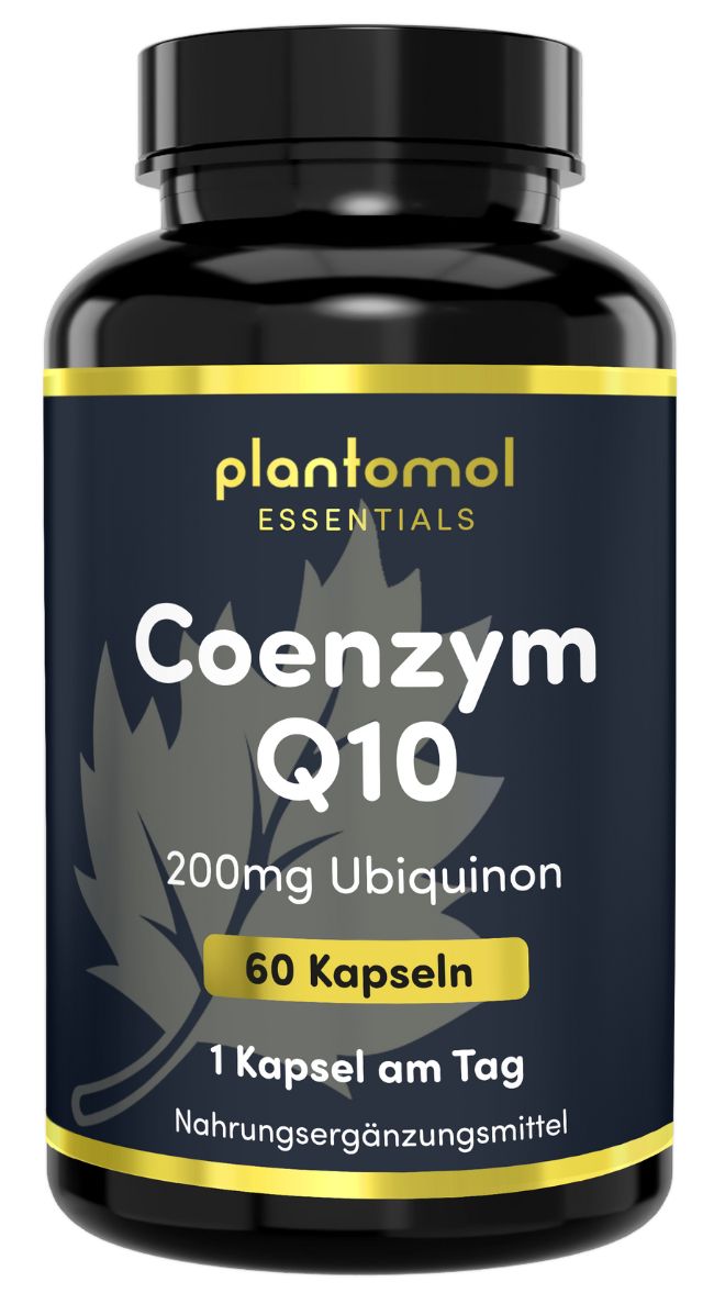 Dunkle Flasche mit gelbem Etikett. Enthält 60 Kapseln Coenzym Q10. Aufschrift: plantomol essentials, 200mg Ubiquinon, 1 Kapsel am Tag.