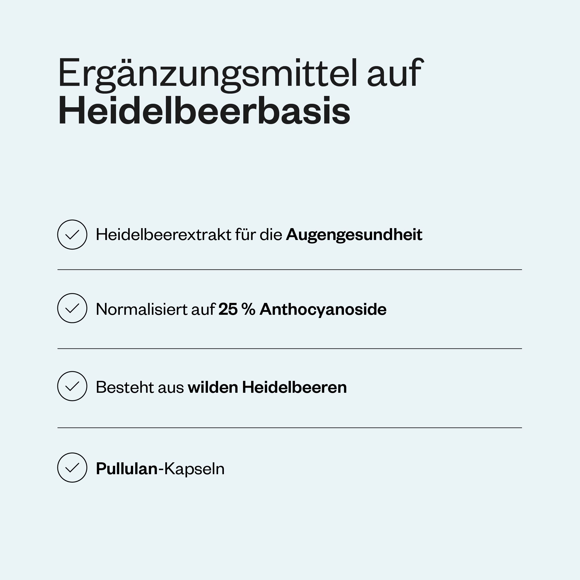 Aufzählungspunkte mit Informationen über Heidelbeerextrakt. Enthält: Heidelbeerextrakt für Augengesundheit, normalisiert auf 25% Anthocyanoside, aus wilden Heidelbeeren.