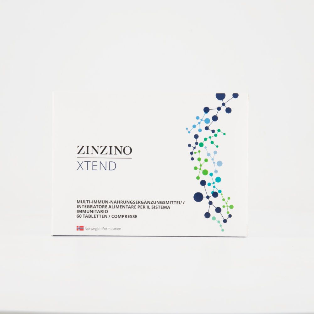 Weiße Schachtel mit 'Zinzino Xtend' Schriftzug. Enthält 60 Tabletten. Mit grafischem Muster.