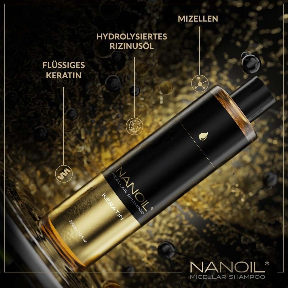 Schwarze Flasche mit goldenem Akzent, Nanoil Micellar Shampoo Keratin, 300ml.