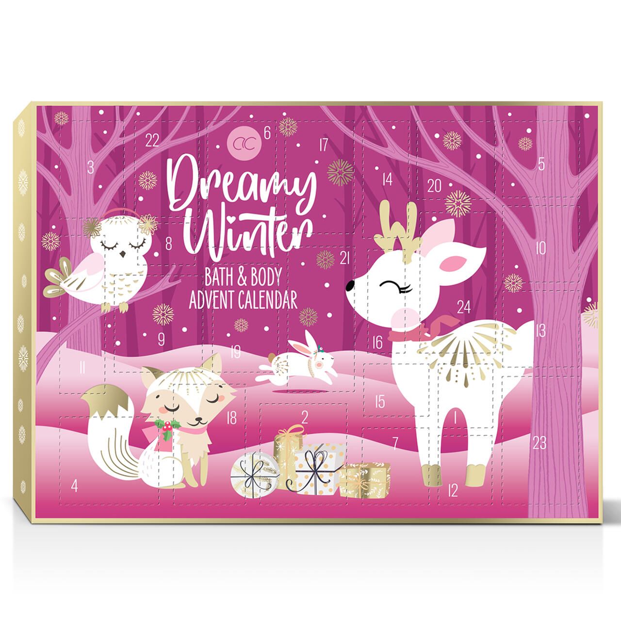 Adventskalender DREAMY WINTER mit rosa Design, Illustrationen von Tieren und Produktabbildungen.