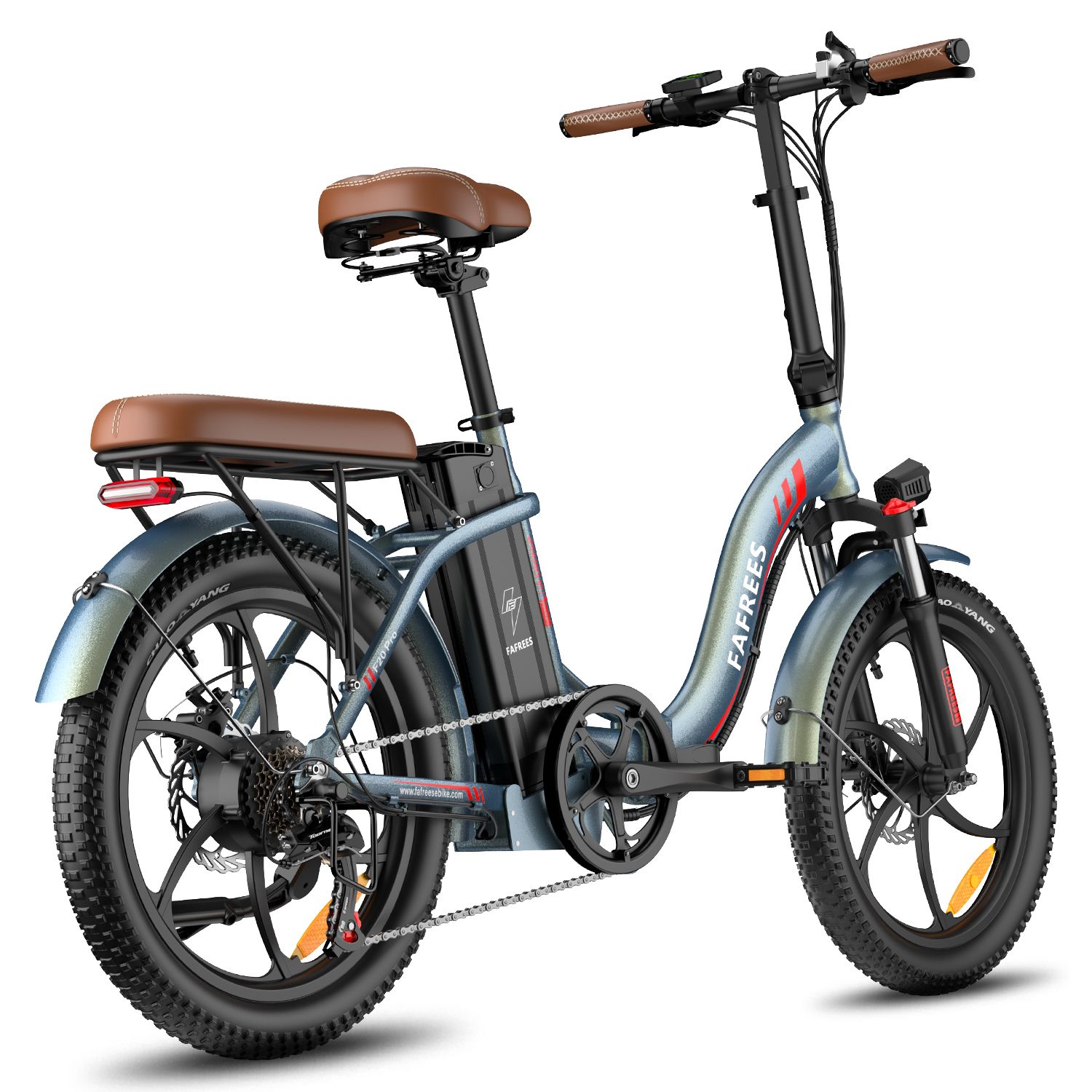 Faltbares E-Bike mit breiten Reifen. Blau-grauer Rahmen, brauner Sattel. Marke FAFREES, Akku am Rahmen.