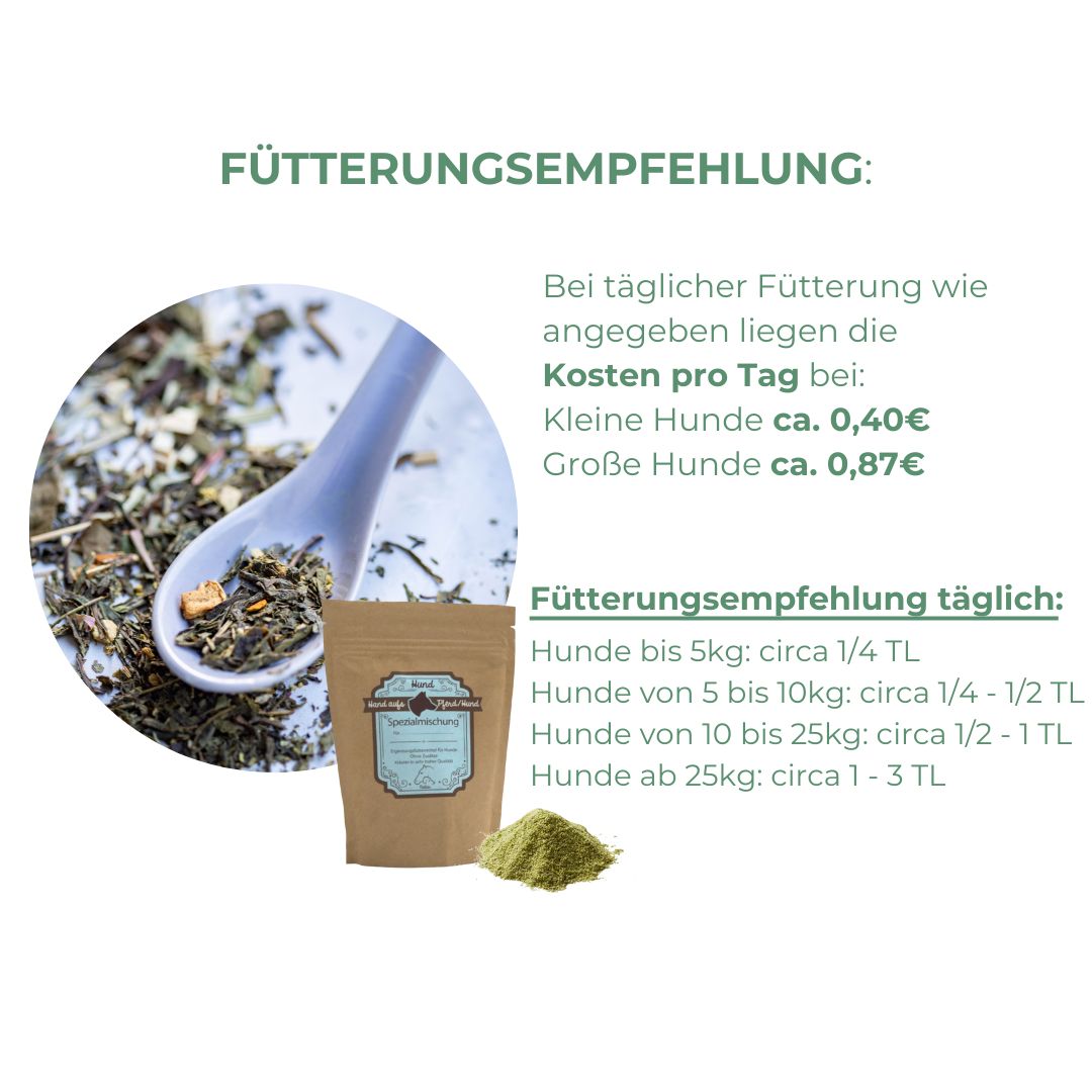 Brauner Beutel mit blauem Etikett. Text: Hand aufs Pferd/Hund, Spezialmischung. Löffel mit Kräutern. Text über Fütterung.