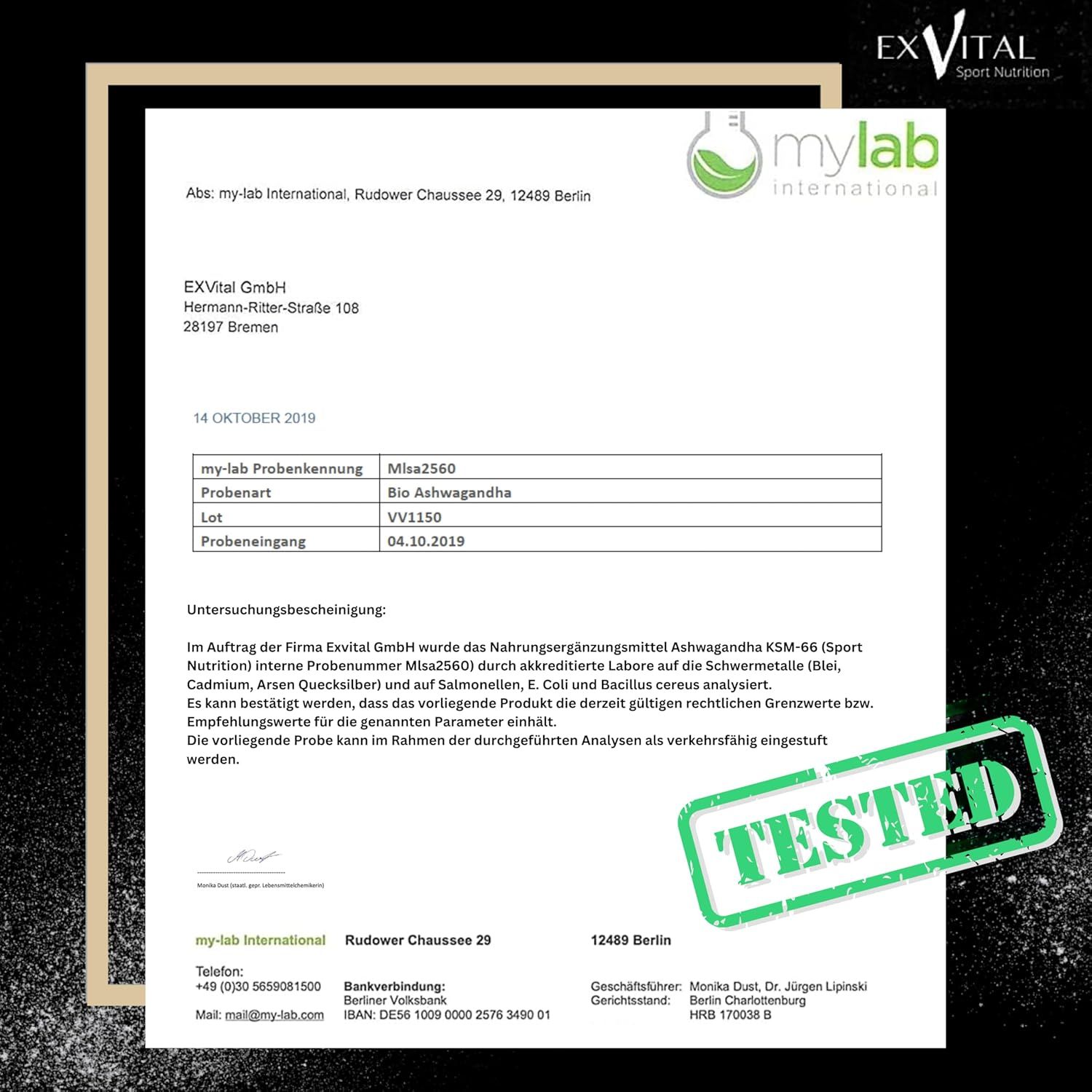 Dokument mit Logo mylab international. Bio Ashwagandha. Untersuchungsergebnis. Getestet-Stempel.