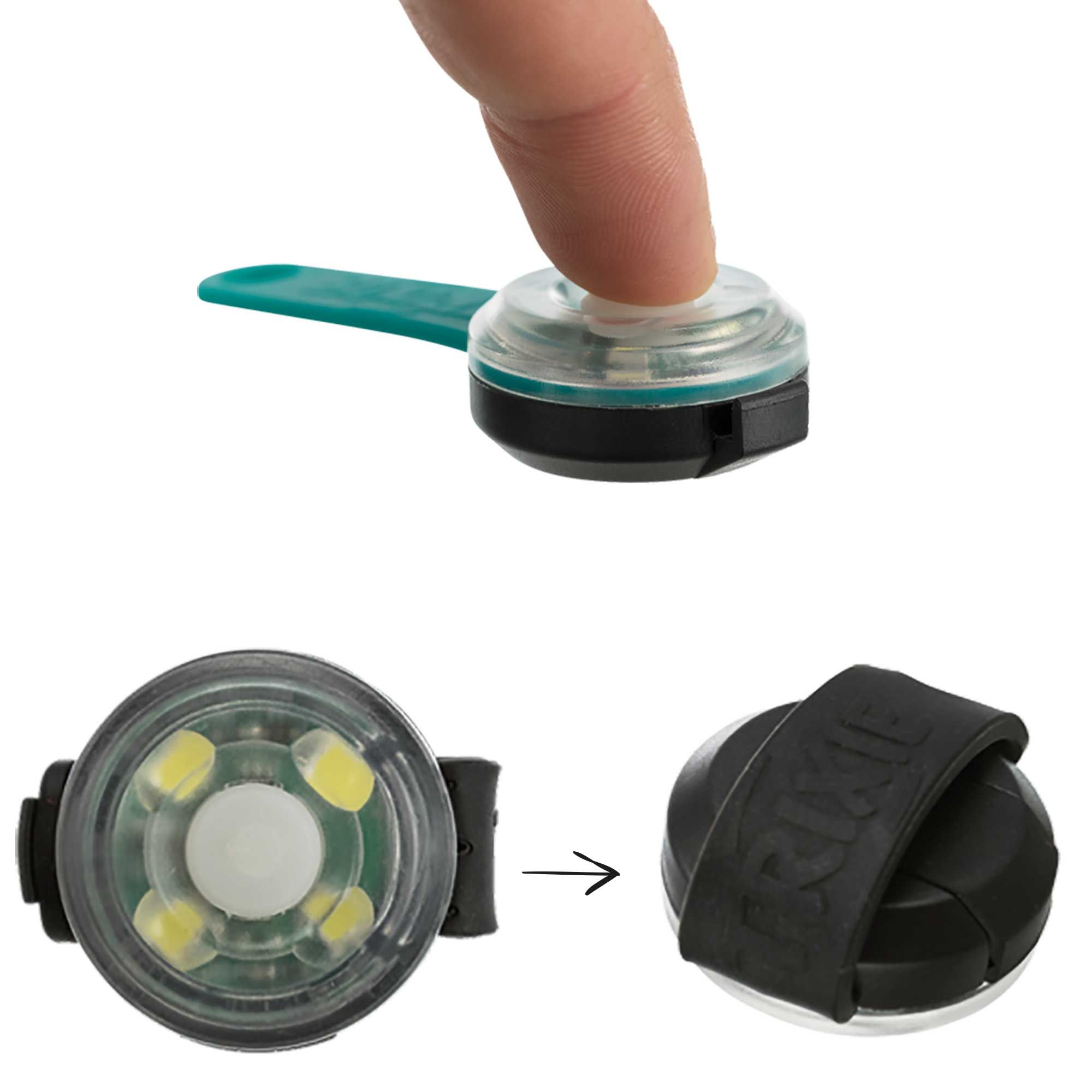 Nahaufnahmen eines LED-Blinklichts. Oben: Finger drückt auf die Leuchte. Unten: Leuchte von vorne und zerlegt, mit Silikonband.