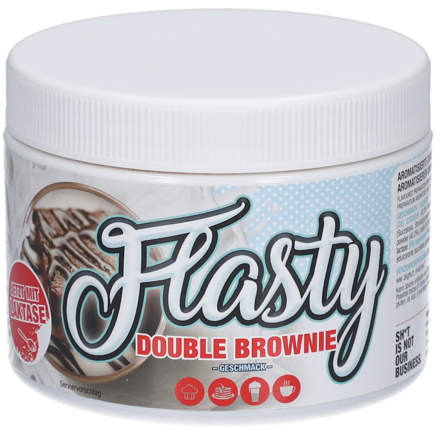 Weißes, rundes Gefäß mit Deckel. Aufschrift "Flasty Double Brownie Geschmack". Abbildung eines Brownies. "Jetzt mit Laktase".